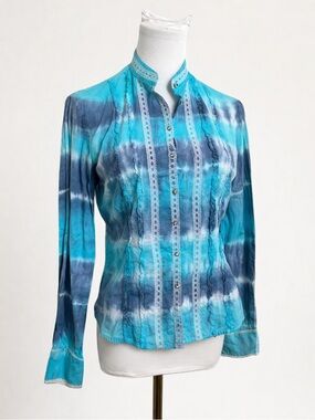 Blue Tie Dye Western Blouse Lace Trim Coastal Cowgirl Top S